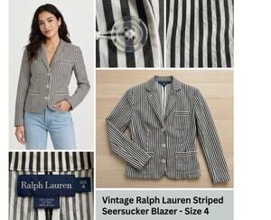 VTG Ralph Lauren Striped Linen Cotton Blazer - Size 4 - Navy/White - EUC